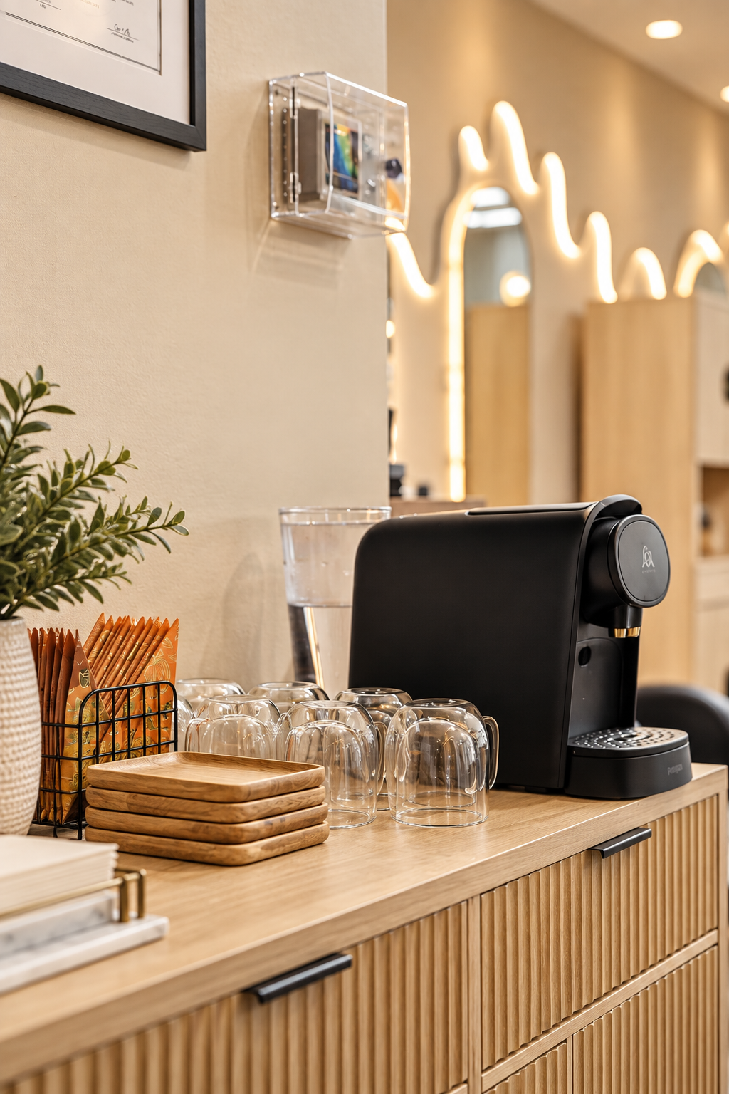 Coffee station with black coffee machine, glasses, wooden plates, napkins, and a plant on a wooden counter in a modern cafe.