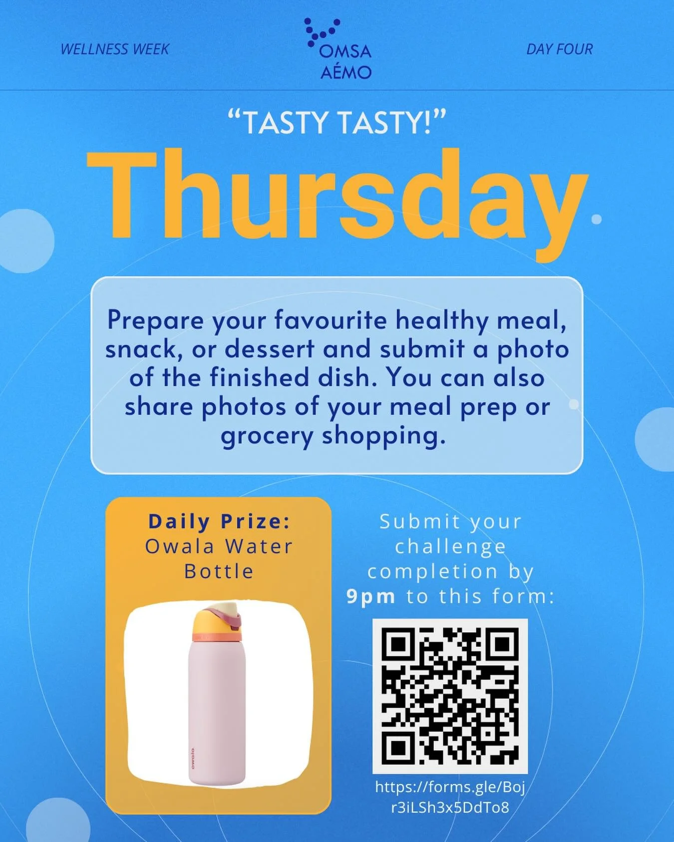 Today is Tasty Thursday 🍱🥘🥪! Submit a picture of a tasty treat on the Google Form by 9PM tonight to win an Owala water bottle!