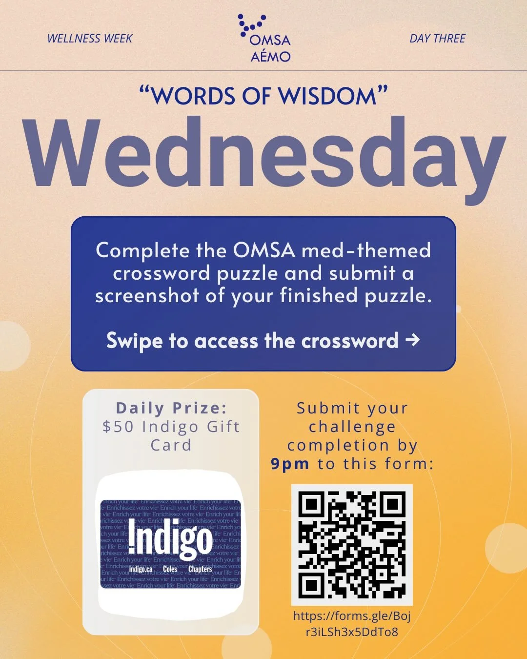 Today is Words of Wisdom Wednesday ✍🏼. Swipe to solve a crossword puzzle and submit your answer on the Google Form by 9PM tonight to win a $50 Indigo gift card! 📚