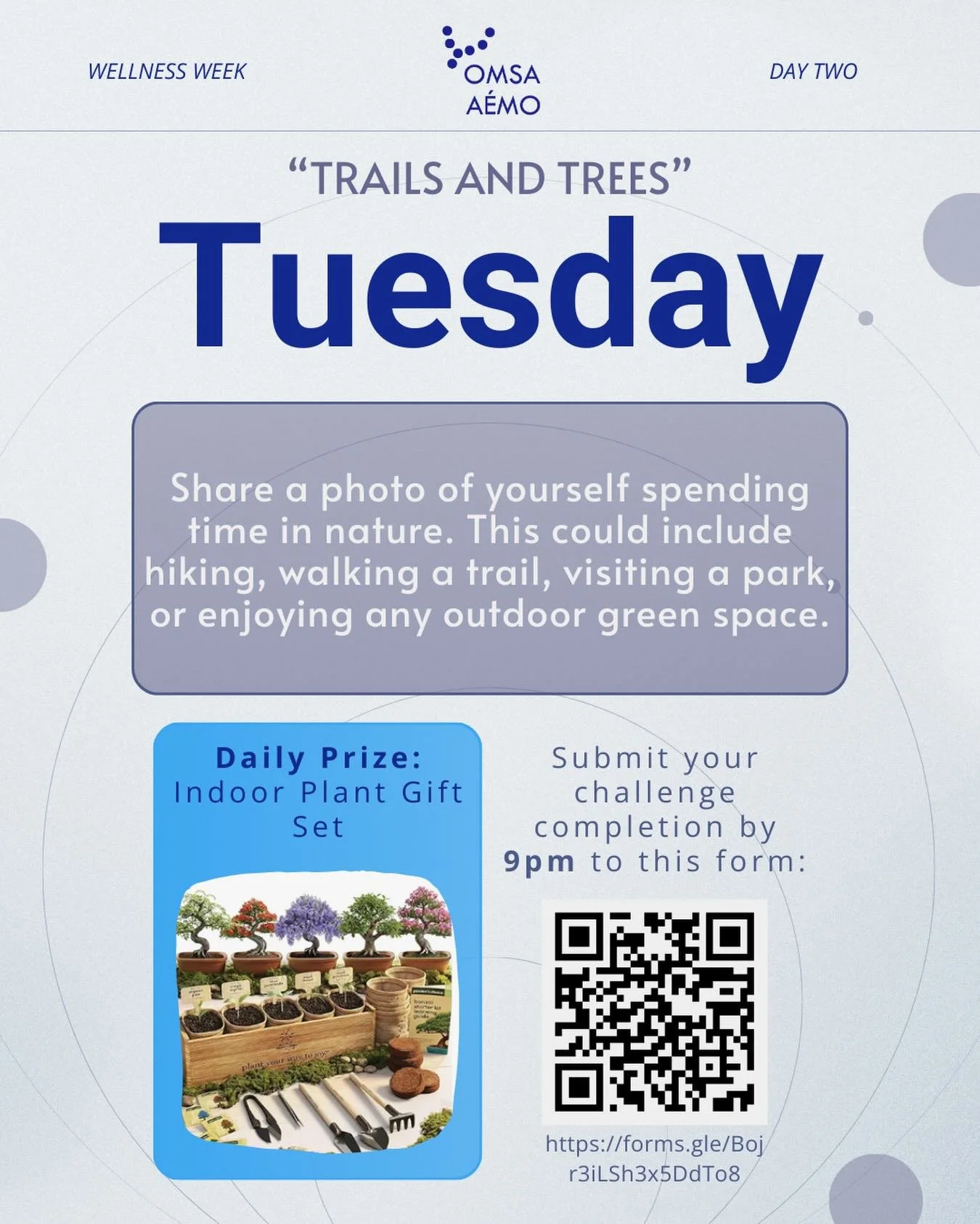 Today is Day 2 of Wellness Week! 🌲🚶 Use the Google Form to submit a picture of you engaging with nature by 9PM. Be entered to win an indoor planting kit! 🪴 Submission also counts towards being entered for the grand prize of a Garde Malade $100 gif
