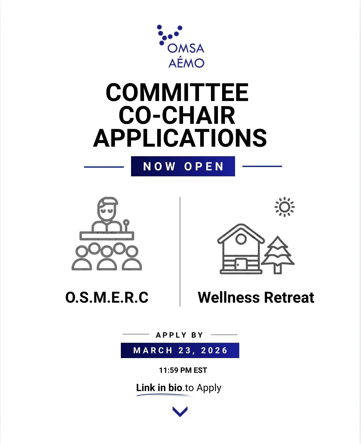 ‼️ DEADLINE EXTENDED ‼️ Are you interested in becoming a Co-Chair for the Wellness Retreat or OSMERC committees? Applications are now open! Per a hiring policy that was passed last year, these committee chairs roles will be selected over the next few