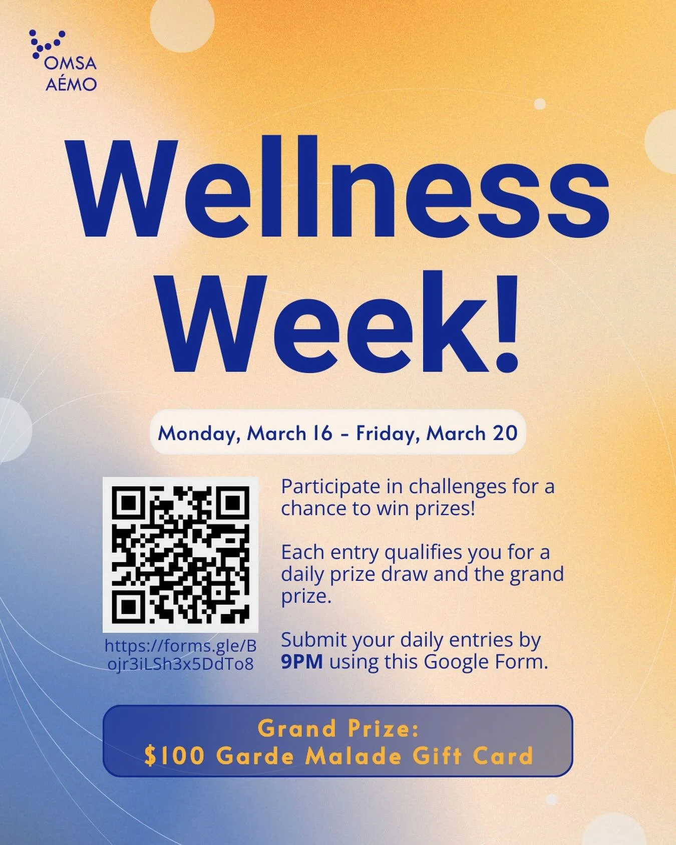 OMSA WEPS presents our most popular annual event - Wellness Week! 🥳💪 Participate in daily challenges this week to highlight an aspect of wellness. Submit pictures of completing these challenges to the Google Form in our Linktree (https://forms.gle/