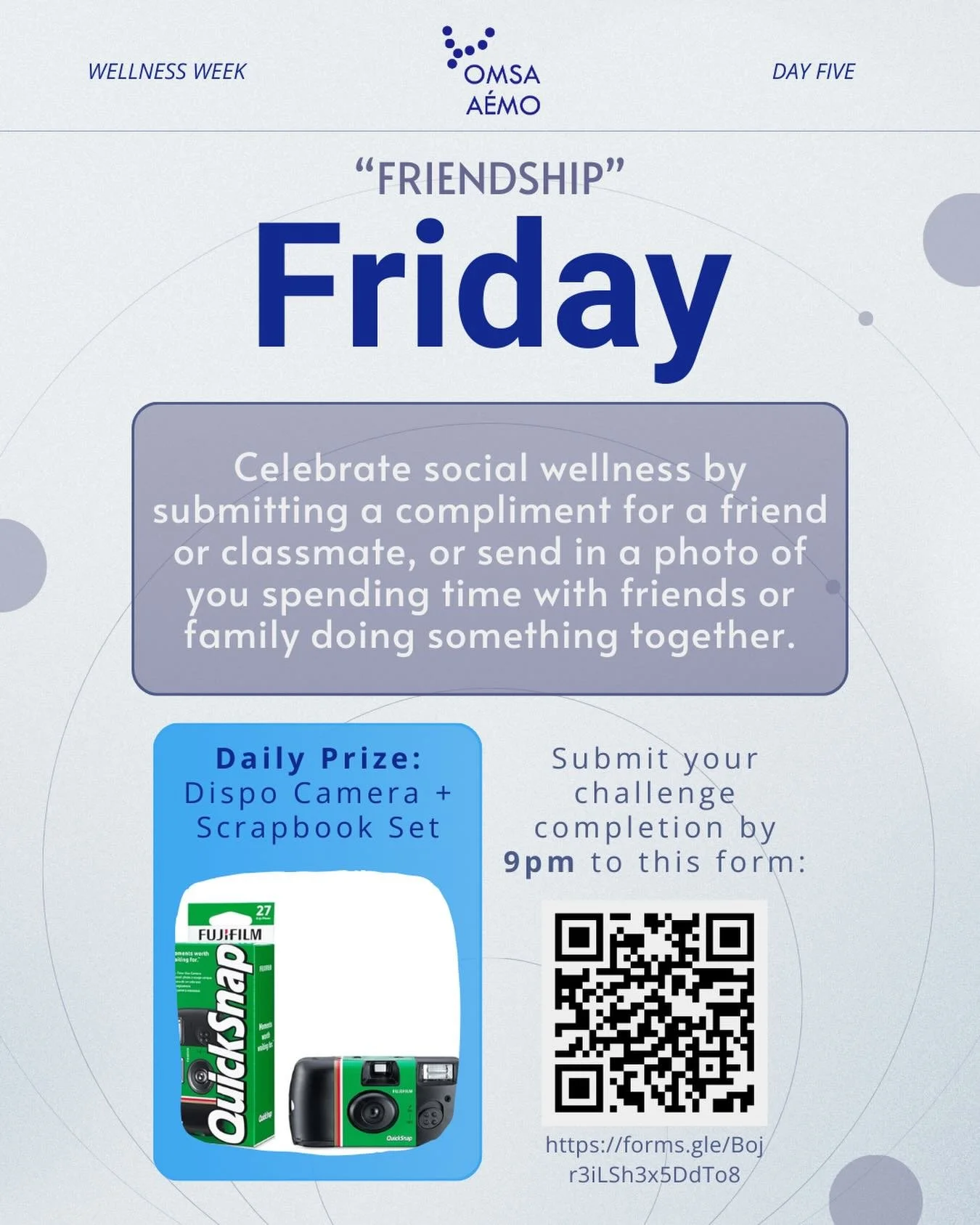 Today is the last day of Wellness Week: Friendship Friday 👯&zwj;♀️! Send in a picture with your friends or a compliment for a friend to be entered to win a disposable camera and scrapbooking kit to save all your happy memories :). 🥰 Today is also t