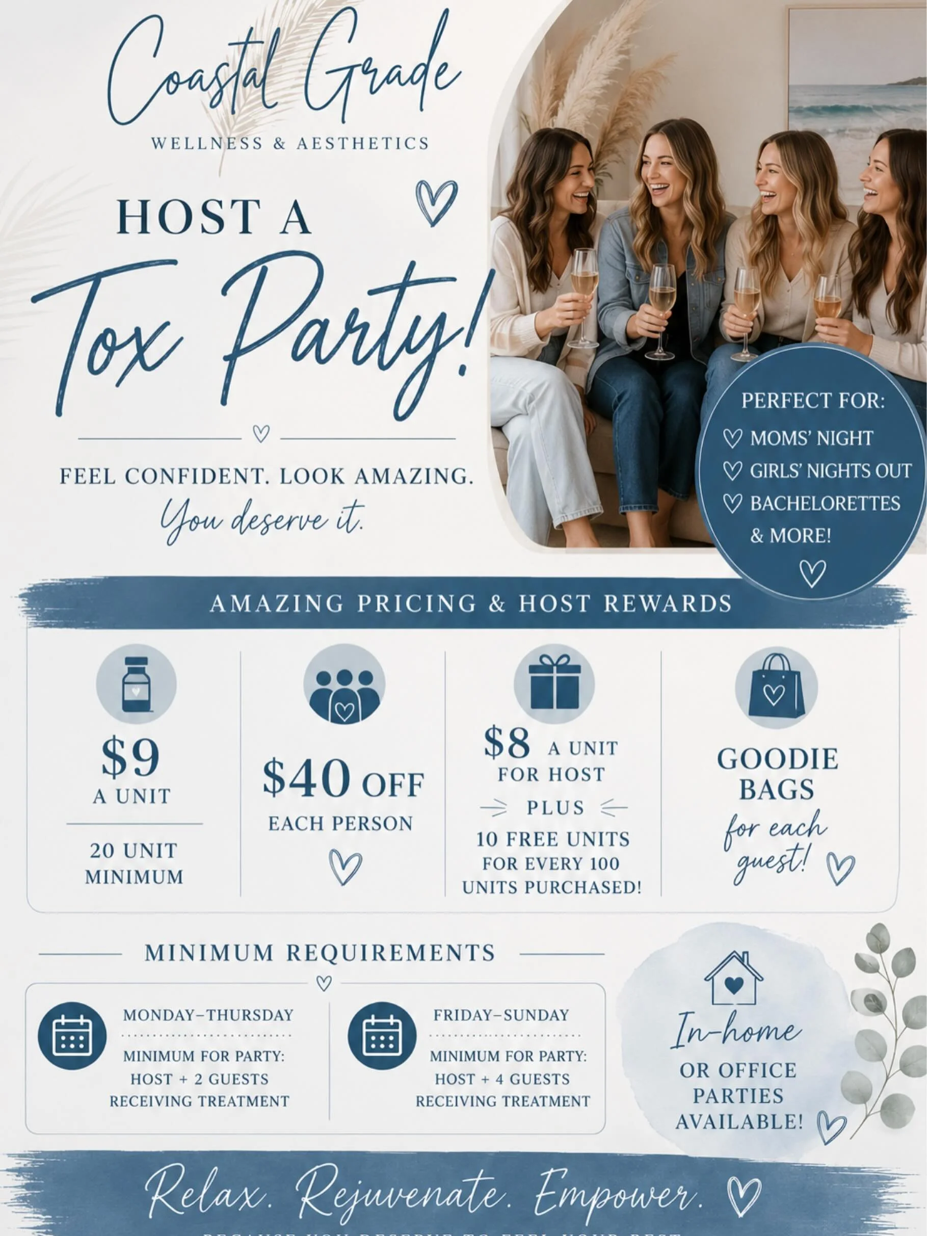 Want to earn free tox? Host a tox party ✨✨
The perfect excuse for a girls night! 💉🥂
Mom&rsquo;s night, birthday, bachelorette, girls night out- we&rsquo;ll bring the tox &amp; good vibes to you! 

✨$9 a unit for guest
✨20 unit minimum
✨$40 off each
