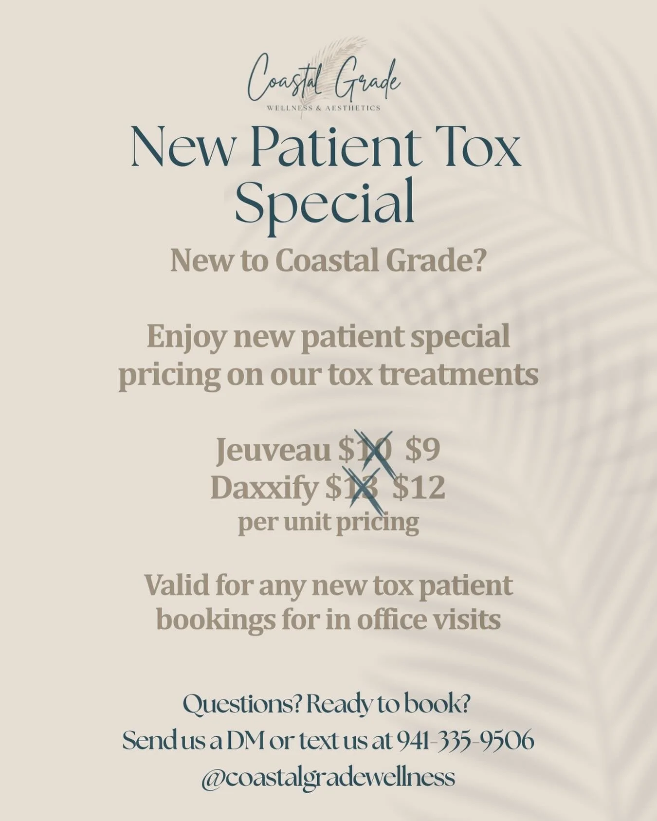 ✨ Are you new to Coastal Grade? ✨ Discover the magic of Tox with our exclusive New Patient Special! 💉

Let us get you scheduled to explore our welcoming space and meet your dedicated provider, Dianna Russo, FNP. Together, we&rsquo;ll create a custom
