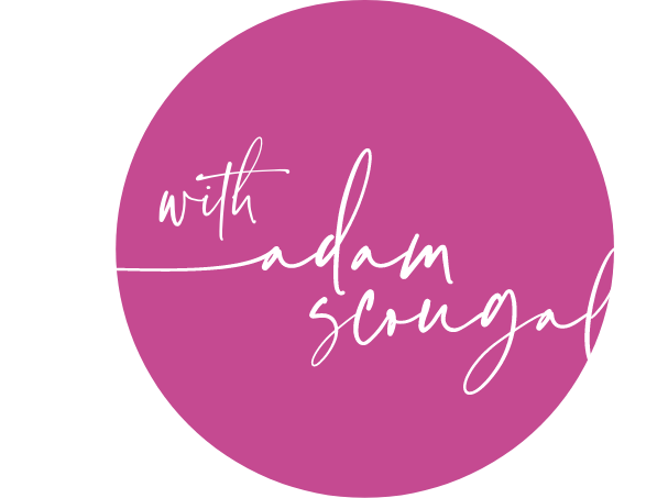 A purple circle with white handwritten text that reads "with adam scougall."
