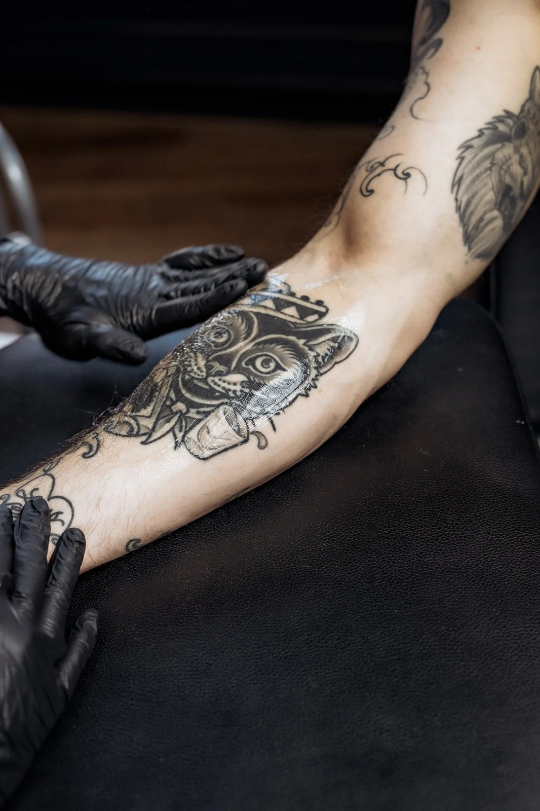 Tattoo removal procedure in progress on a man’s back, with a technician using a laser device and suction tool over large skull and snake tattoos while wearing protective gloves