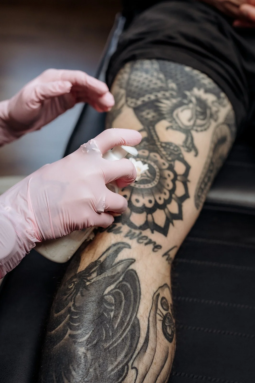 Gloved hands applying soothing lotion to a tattooed forearm, showing detailed black ink designs during aftercare treatment