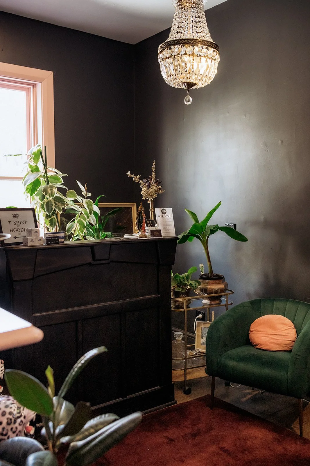 Eclectic studio interior with dark walls, pink fireplace mantel, framed art, plants, leopard statues, and a reception desk under a chandelier