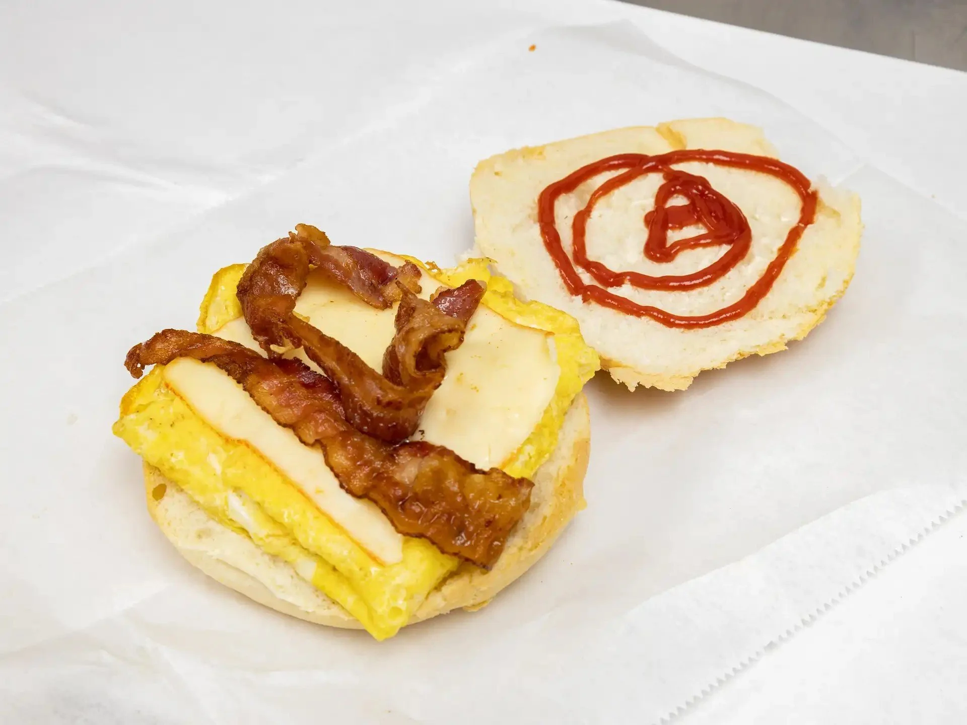 Breakfast sandwich with scrambled eggs, cheese, bacon on an English muffin, and a piece of bread with ketchup.