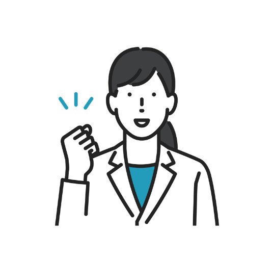白衣を着た女性が手を握りしめて笑っているイラスト