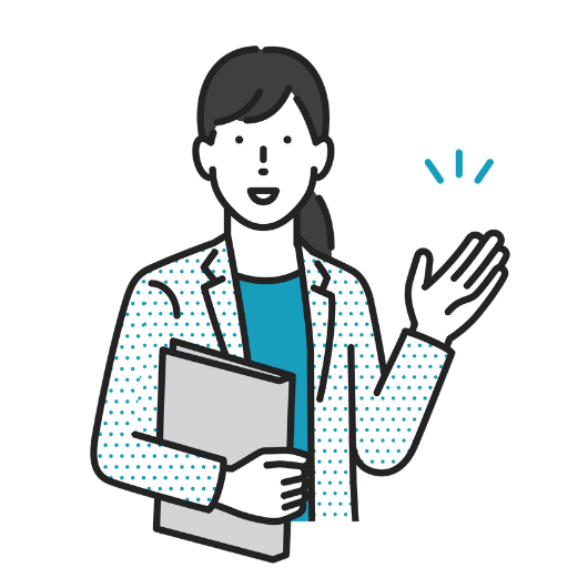 笑顔の女性が書類を持ち、左手を上げ案内をしているイラスト