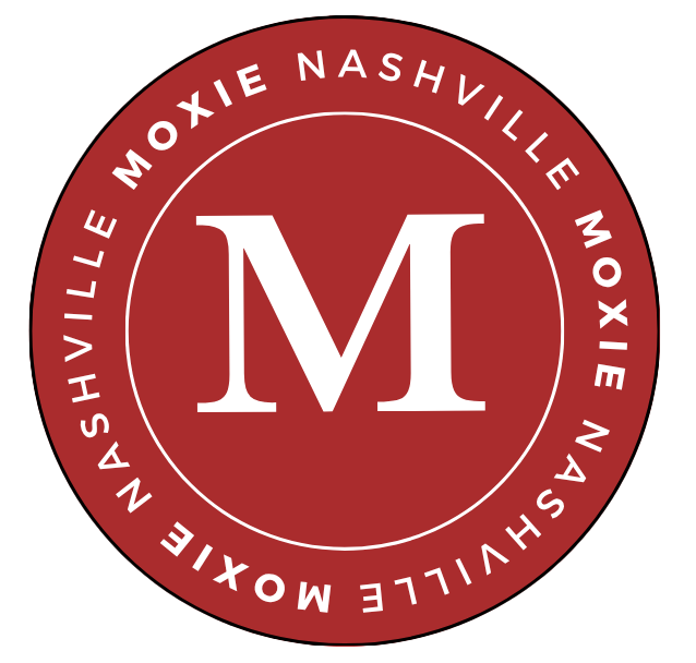 Red circular logo with white text and a large white 'M' in the center. The outer ring reads 'NASHVILLE MOXIE' multiple times.