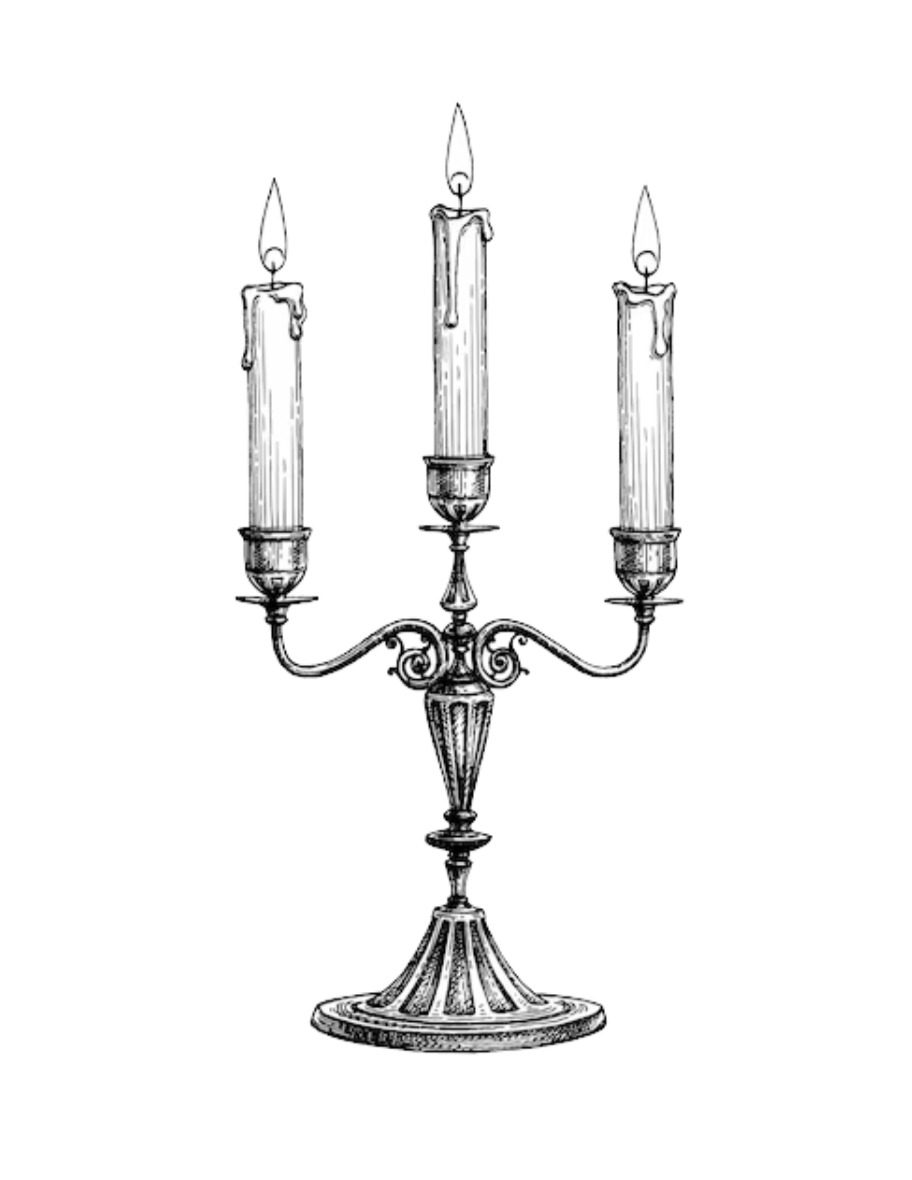A black and white illustration of a three-armed candelabrum with tall candles.