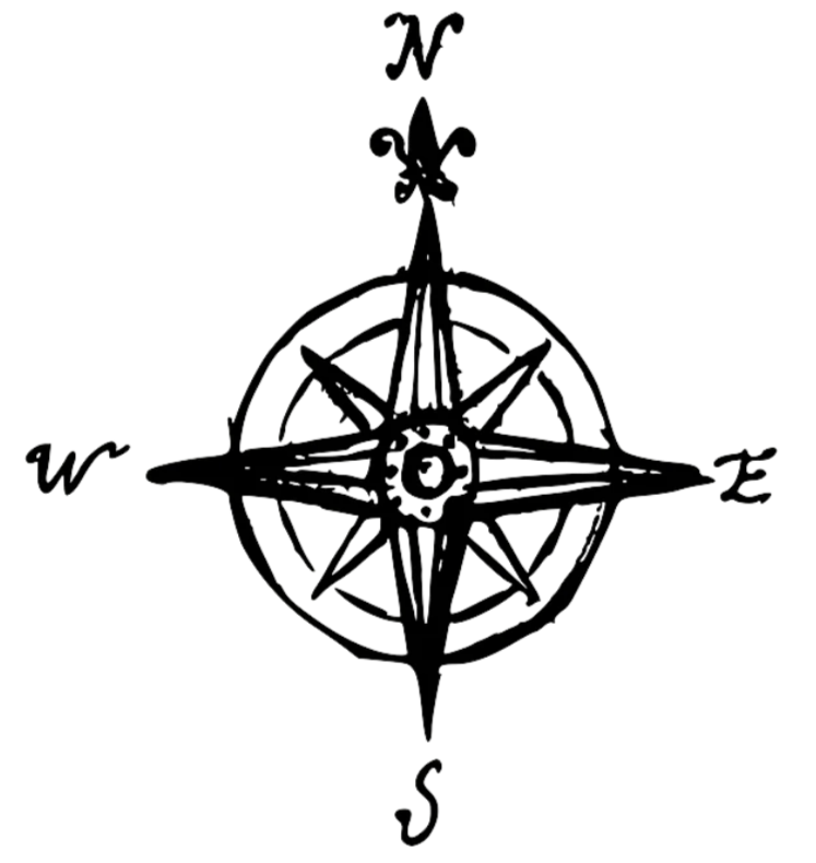 A black and white illustration of a compass rose with the four cardinal directions (N, E, S, W) marked and decorative elements.