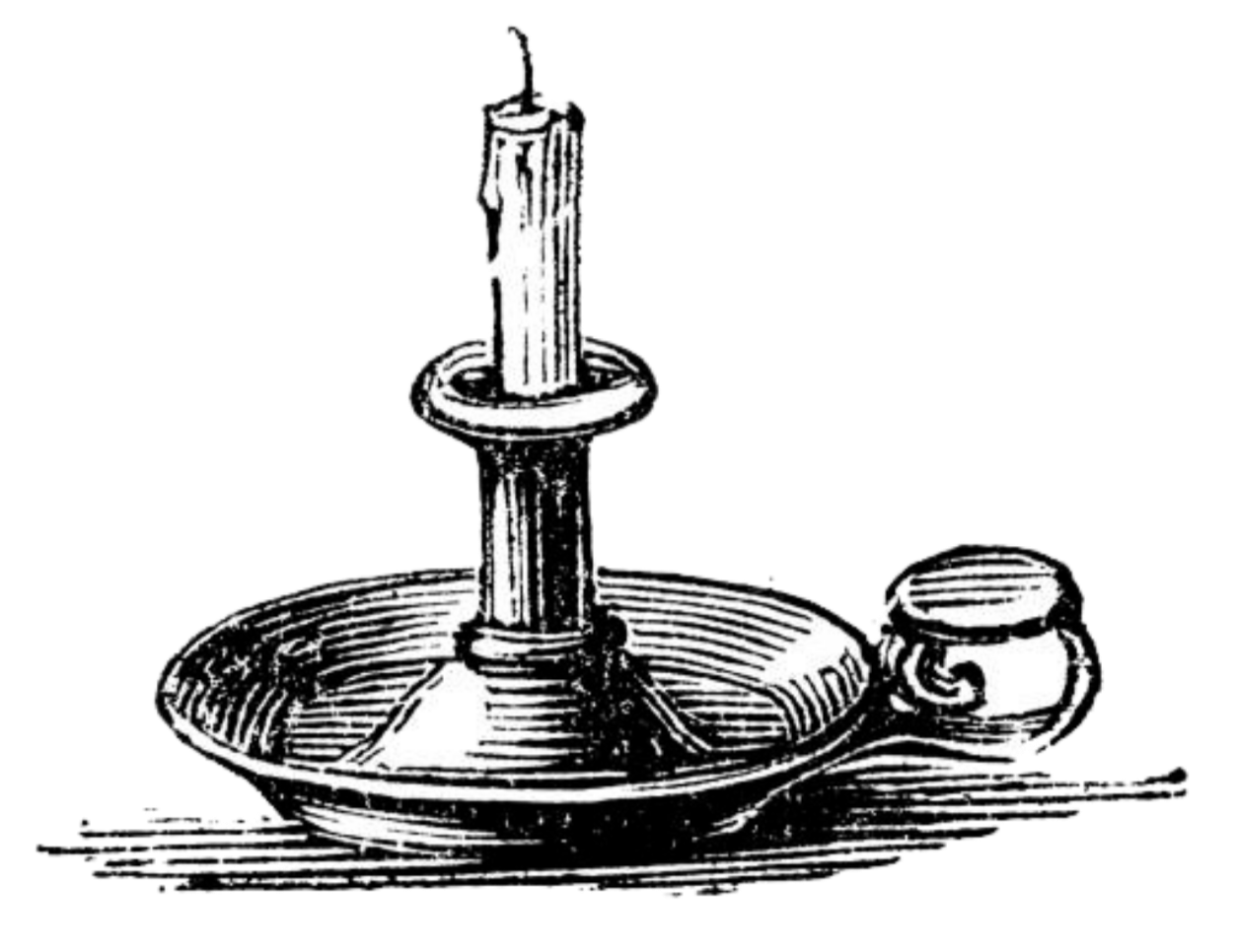 Black and white illustration of a lit candle in a candlestick, placed on a plate with a small jar and two matchsticks beside it.