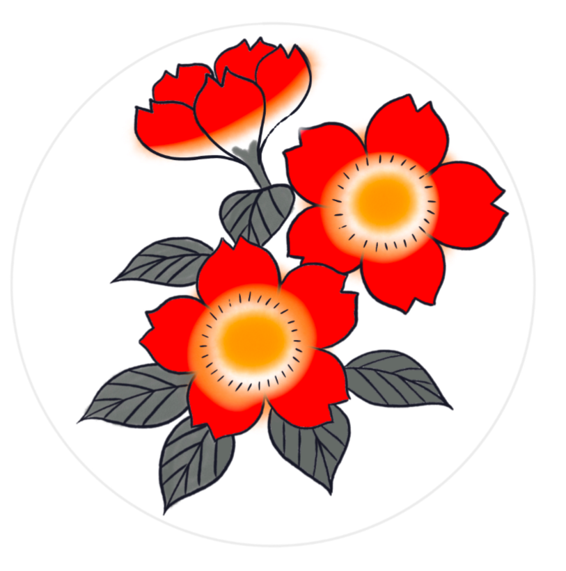 Drawing of a floral design with red flowers, orange centers, and dark green leaves.