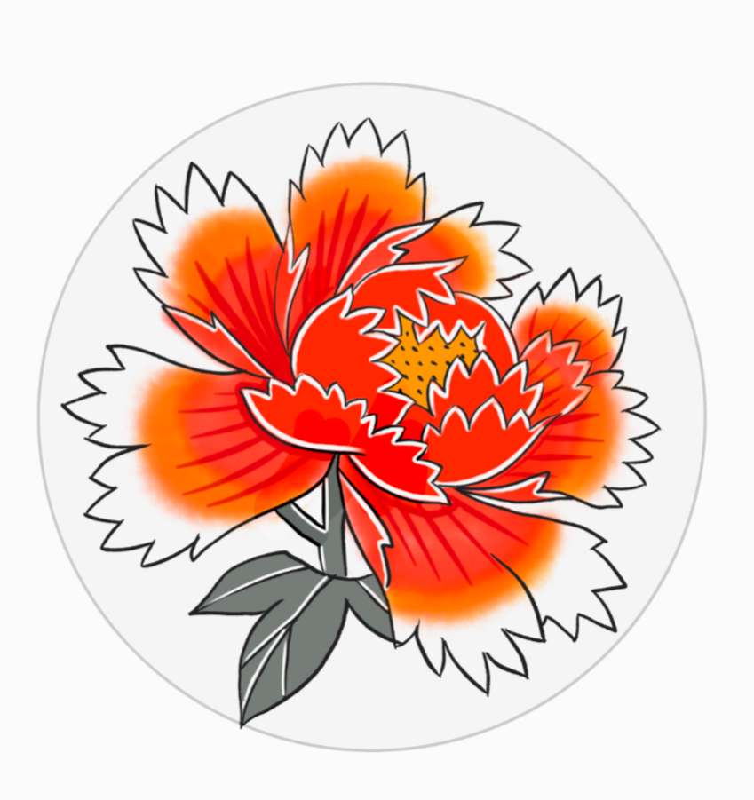 Illustration of a red and orange peony flower with black outlines and gray leaves, on a circular white background.