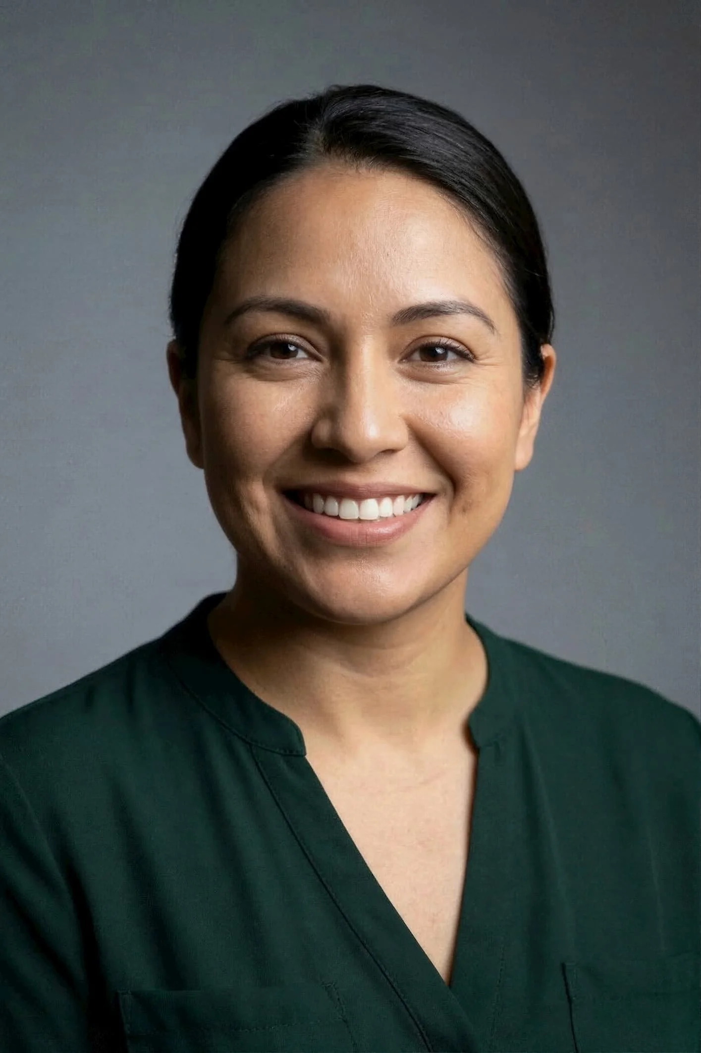 Close-up portrait of a smiling woman with short black hair, wearing a dark green top, against a gray background.