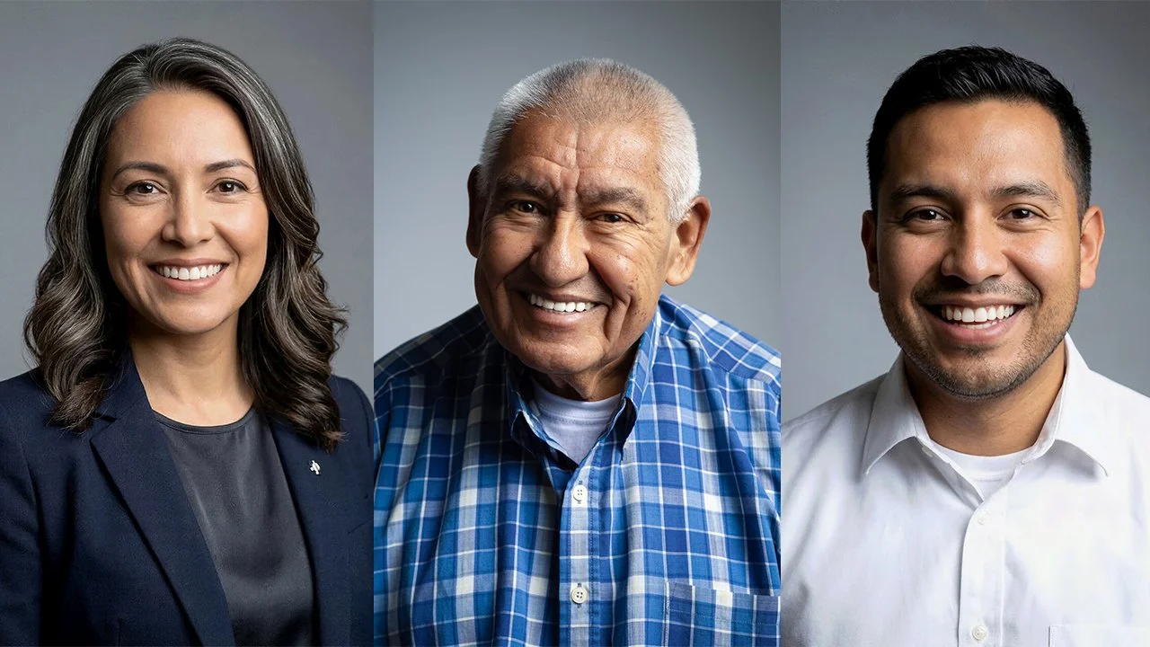 Professional corporate headshots of a 3 people against a neutral background.