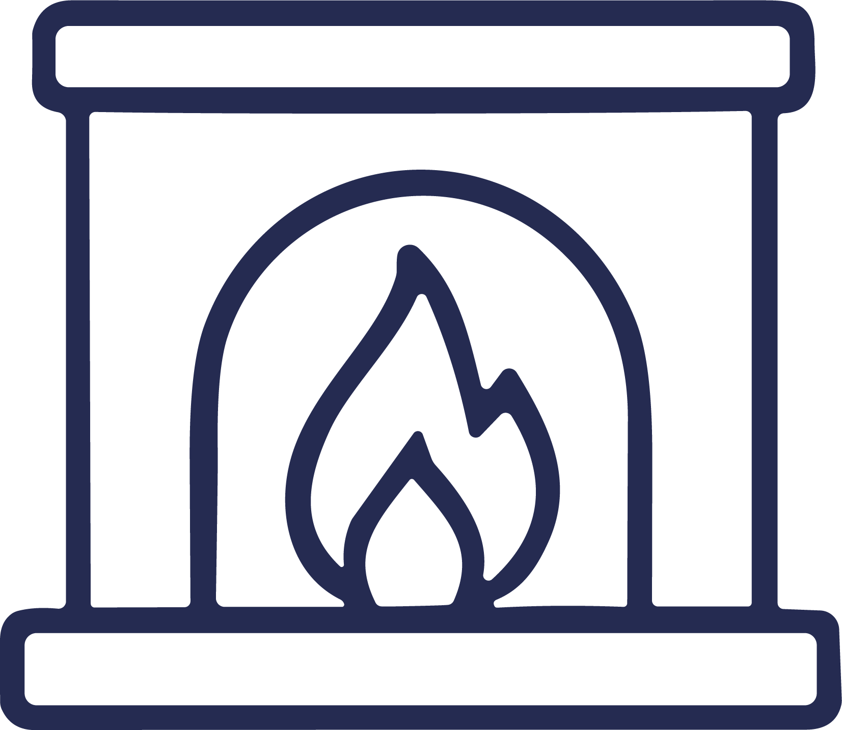 Line art illustration of a fireplace.