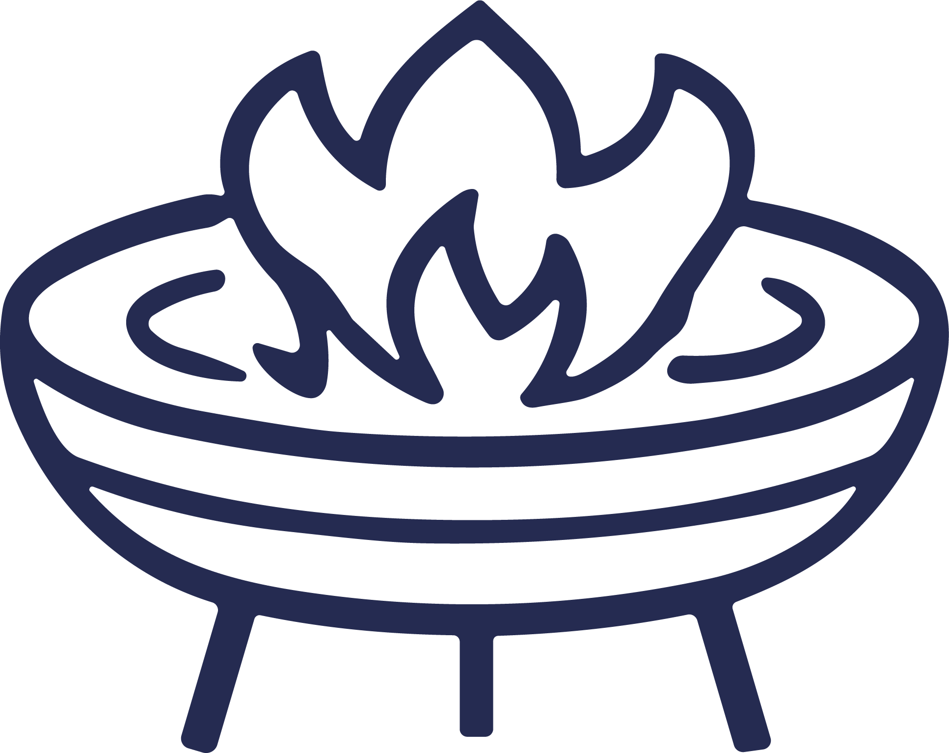 Line art illustration of an outdoor fire pit with a flame and logs inside, placed on a table with three legs.
