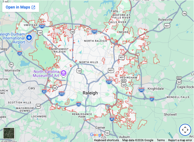 Map of Raleigh, North Carolina with red dots indicating specific locations, including North Carolina Museum of Art and Raleigh-Durham International Airport.