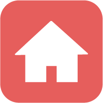 Icon of a house with a roof, door, and windows inside a rounded red square background