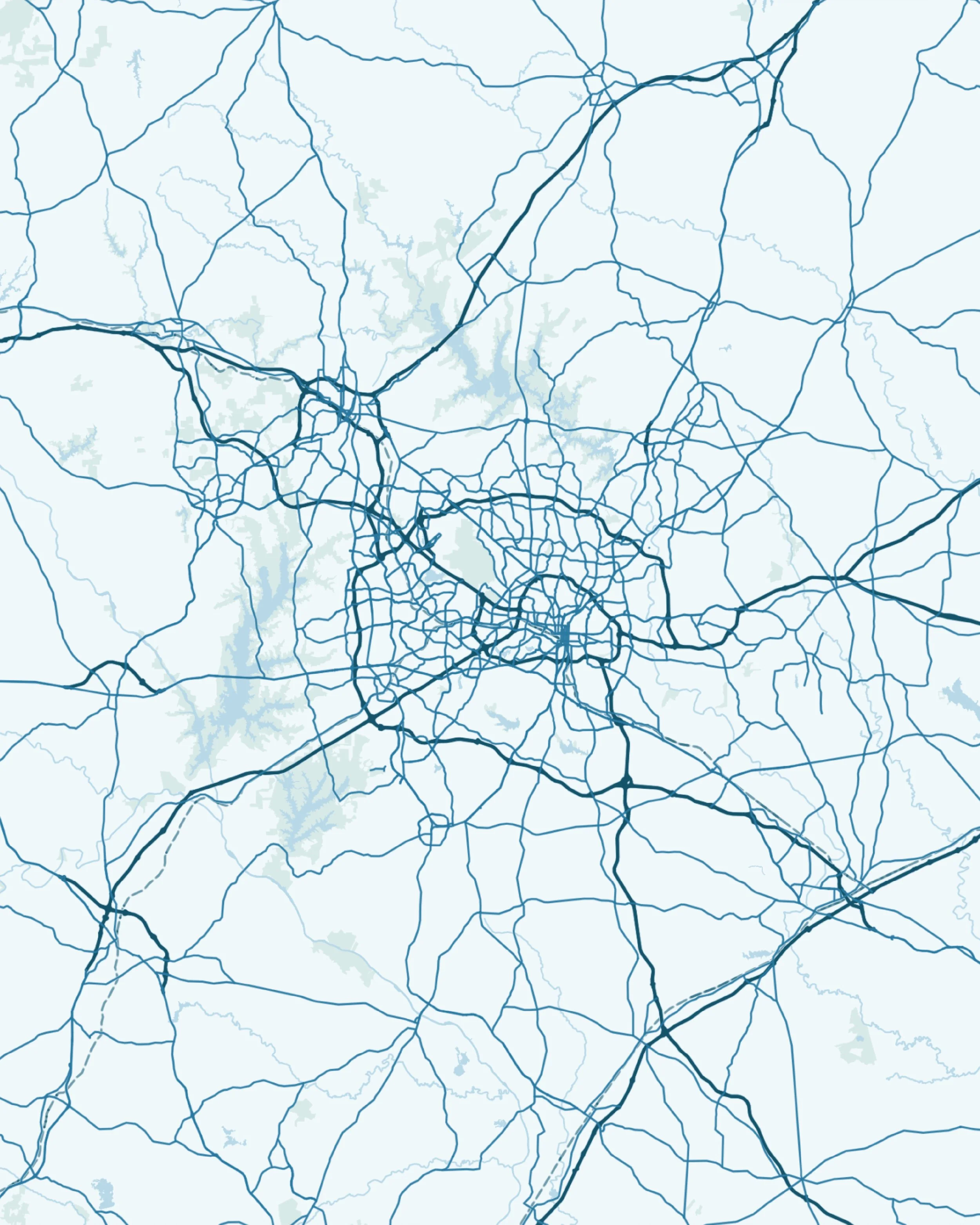 A map showing roads and water bodies in a metropolitan area with some highways and rivers highlighted.