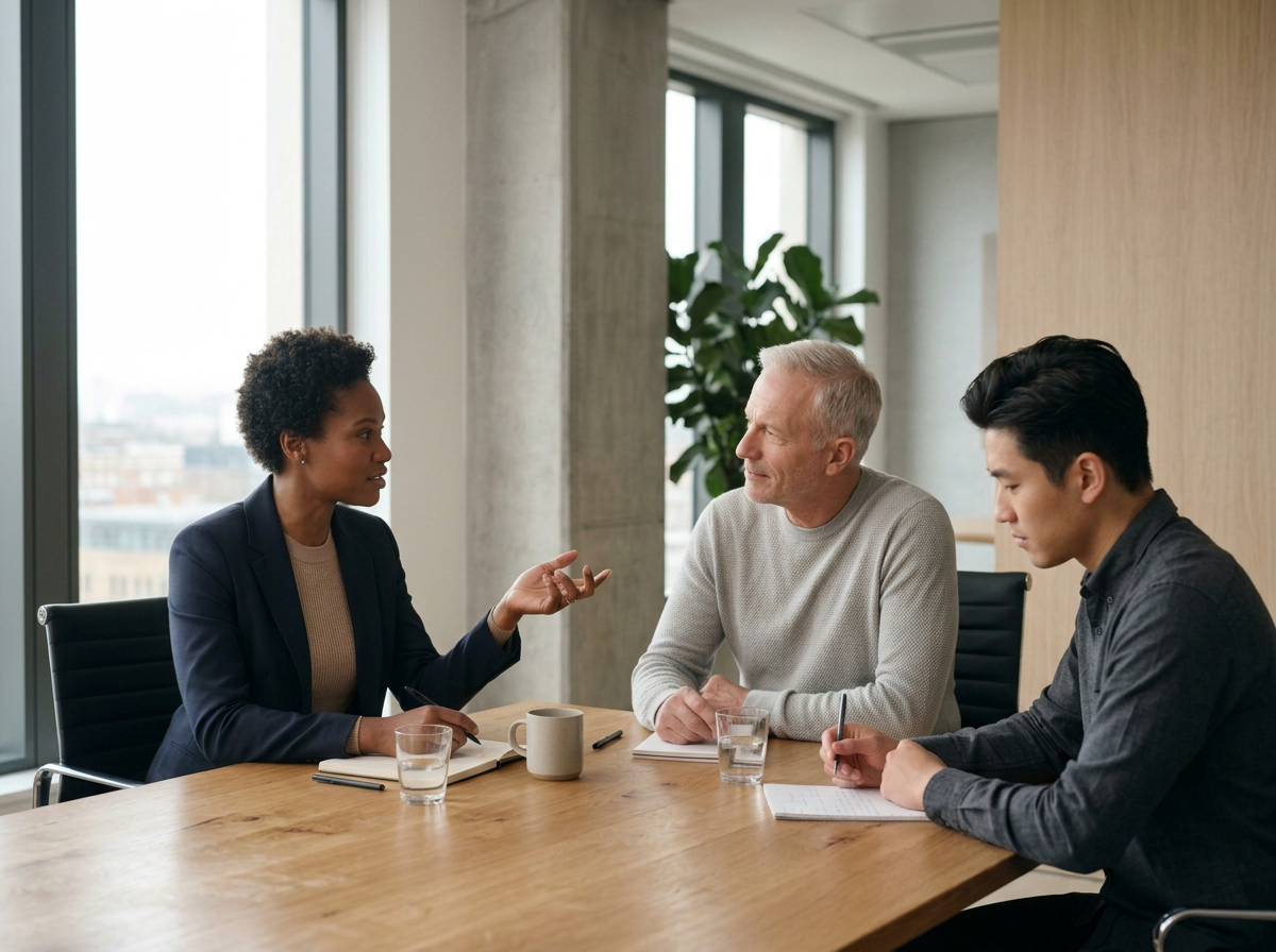 Three people having a meeting in a modern office conference room with large windows, a woman is speaking while two men listen and take notes.