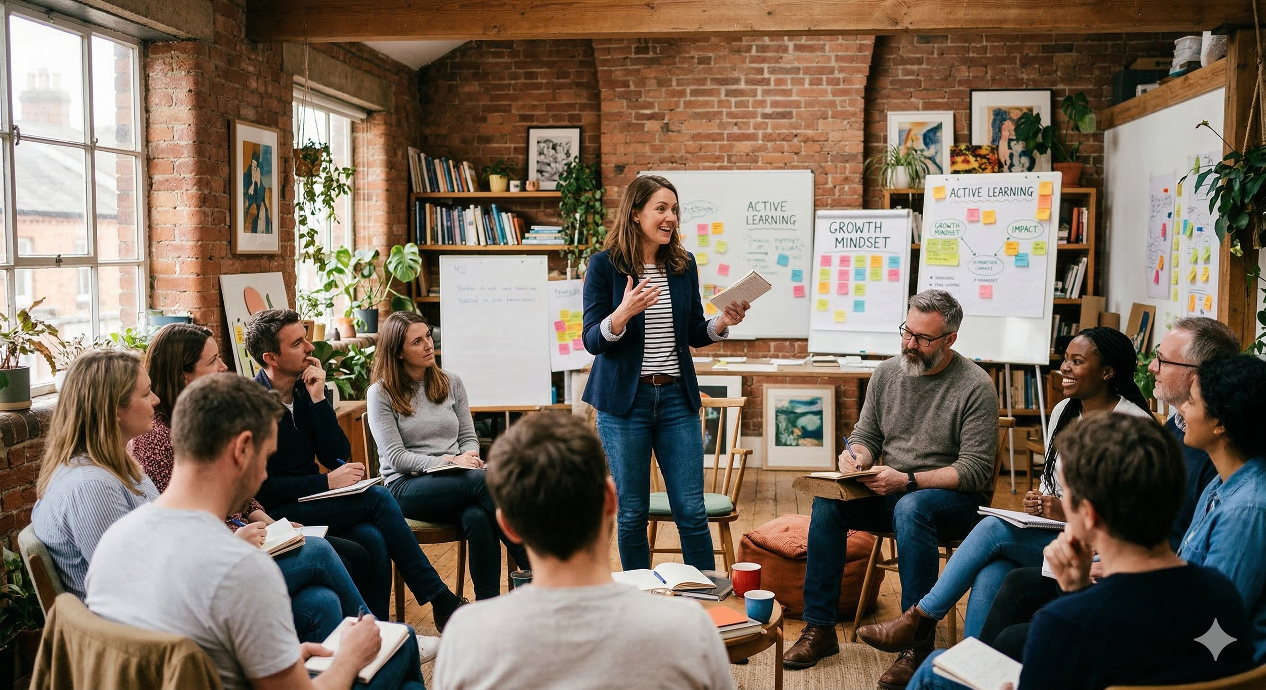 A woman giving a presentation on active learning in a brick-walled room full of people sitting in a semi-circle, with posters about growth mindset and active learning on whiteboards behind her.