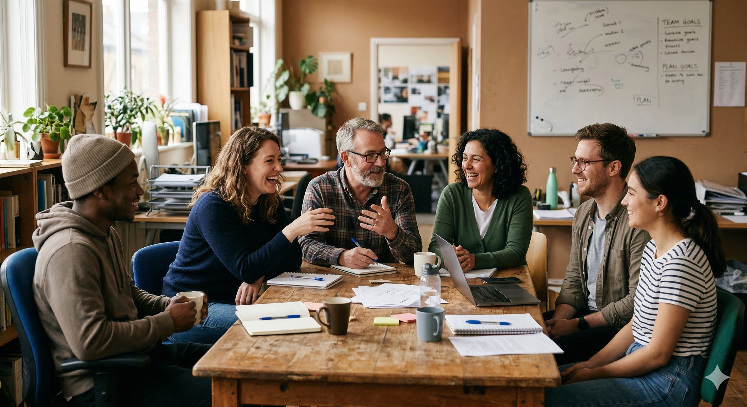 Group of seven diverse people sitting around a wooden table in a bright office, engaged in a lively discussion and laughing.