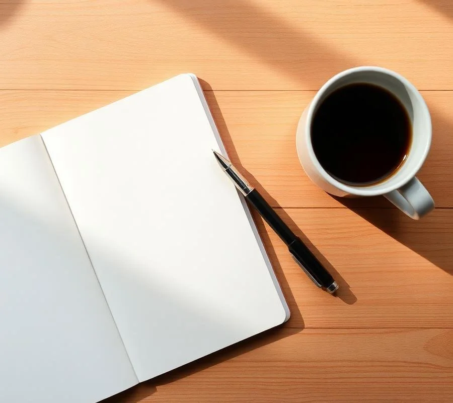 An open blank notebook, a black pen, and a cup of black coffee on a wooden table.