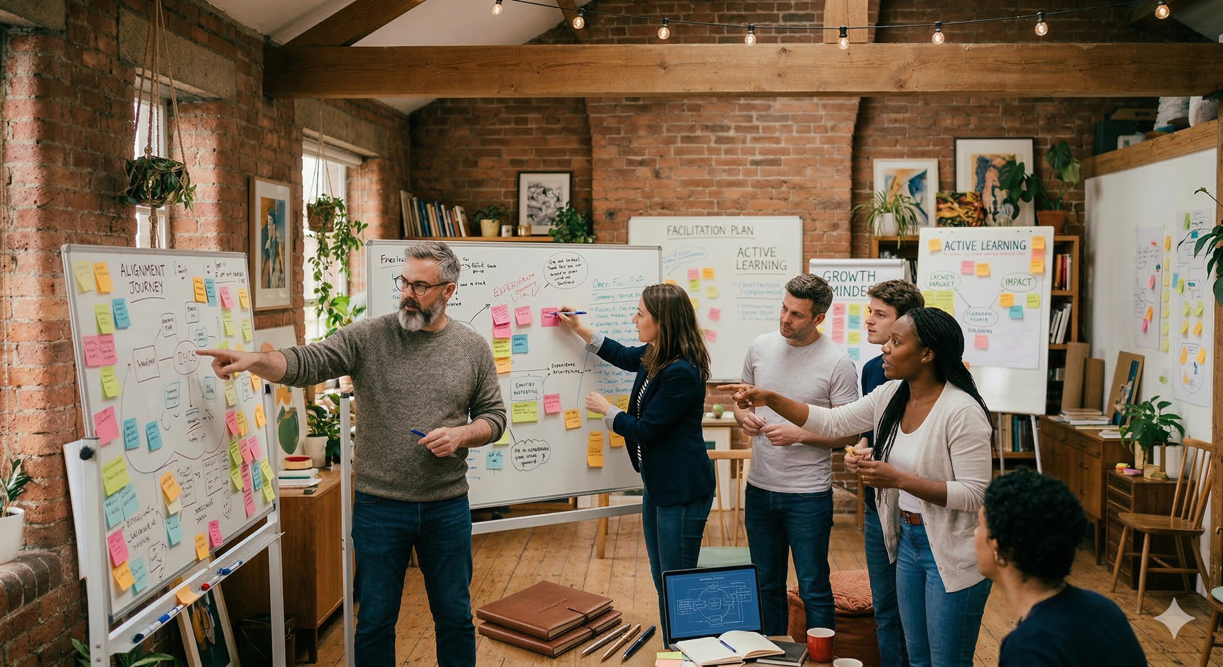 Group of people in a creative meeting or workshop, standing around whiteboards filled with colorful sticky notes, diagrams, and handwritten notes, in a brick-walled room with plants and artwork.