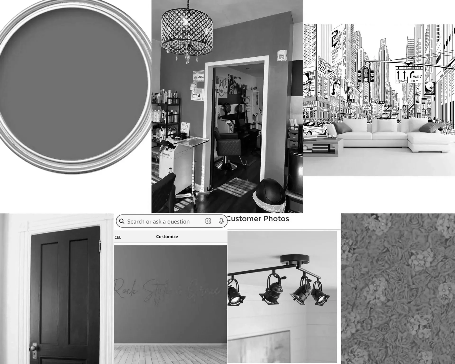 Compilation of various black and white interior and cityscape photos, including a paint can, salon room, city street with billboard, door, dance studio, track lighting, and a textured wall.