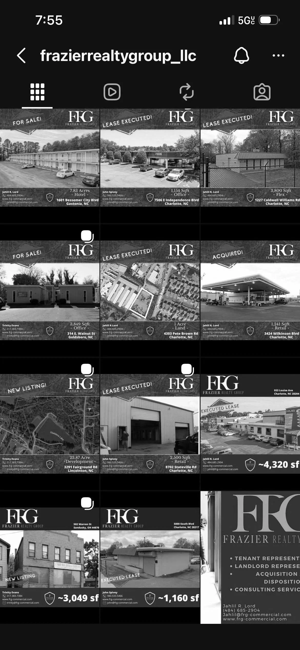 Collection of black and white real estate listings featuring commercial and residential properties, with details including property size, location, and status such as for sale, lease, or new listing.