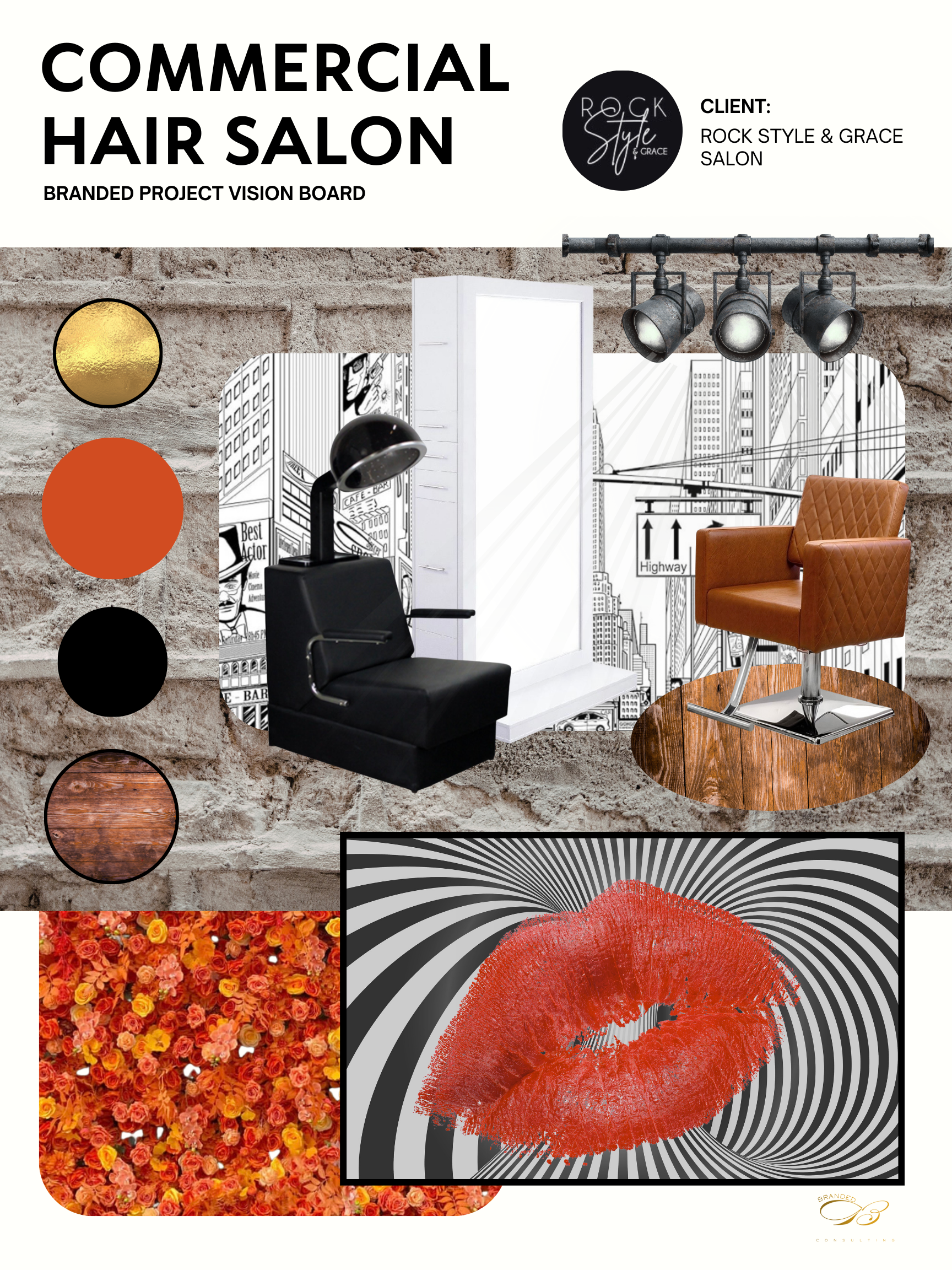 Design board for a commercial hair salon with black and orange accents, featuring seating, lighting, floral and lipstick images.