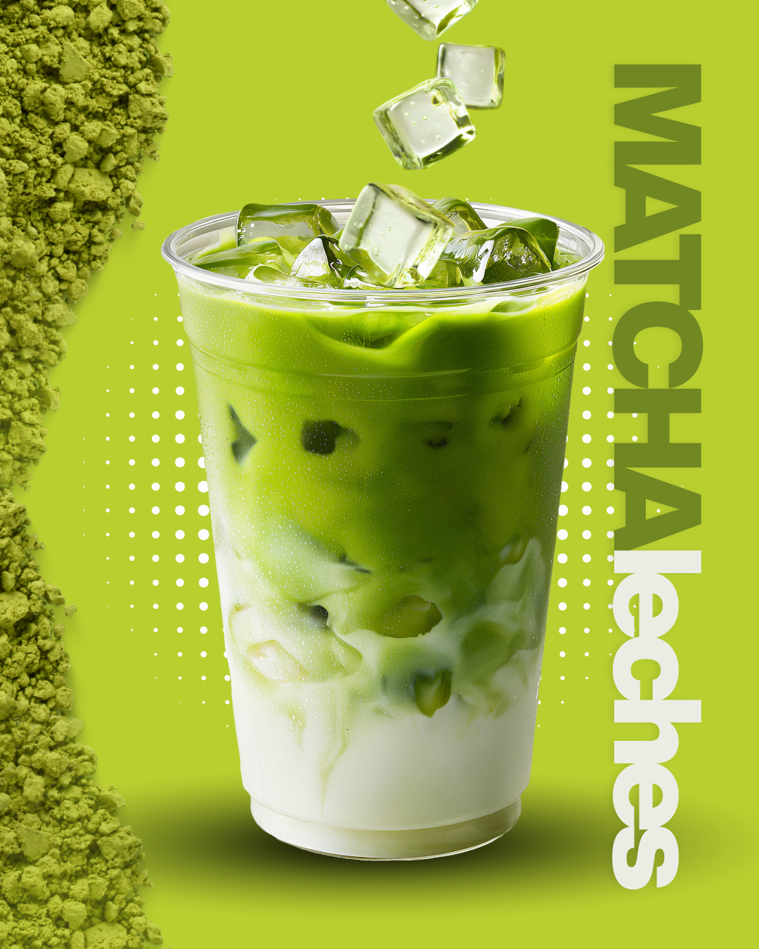 A plastic cup filled with matcha green tea latte and ice cubes against a green background with the word 'MATCHA' vertically on the right side.