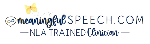 Logo for meaningfulSPEECH.COM, NLA trained clinician, featuring a yellow butterfly and decorative text