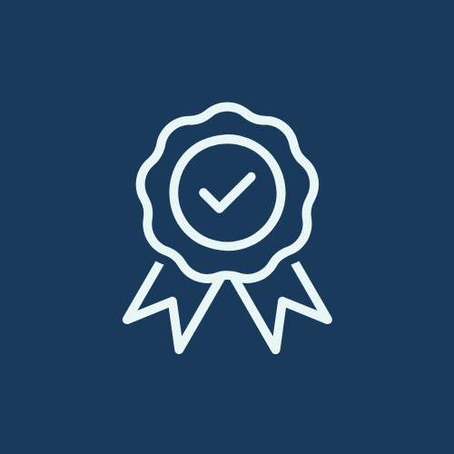 Icon of a ribbon with a checkmark inside a circle, representing certification or approval.