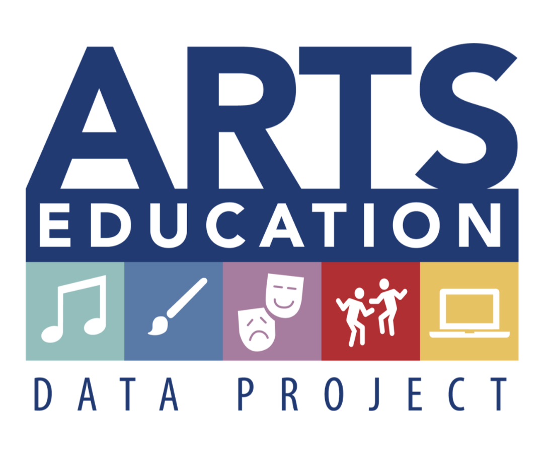 Colorful digital graphic with the text 'Arts Education Data Project' and icons representing music, art, drama, dance, and technology.