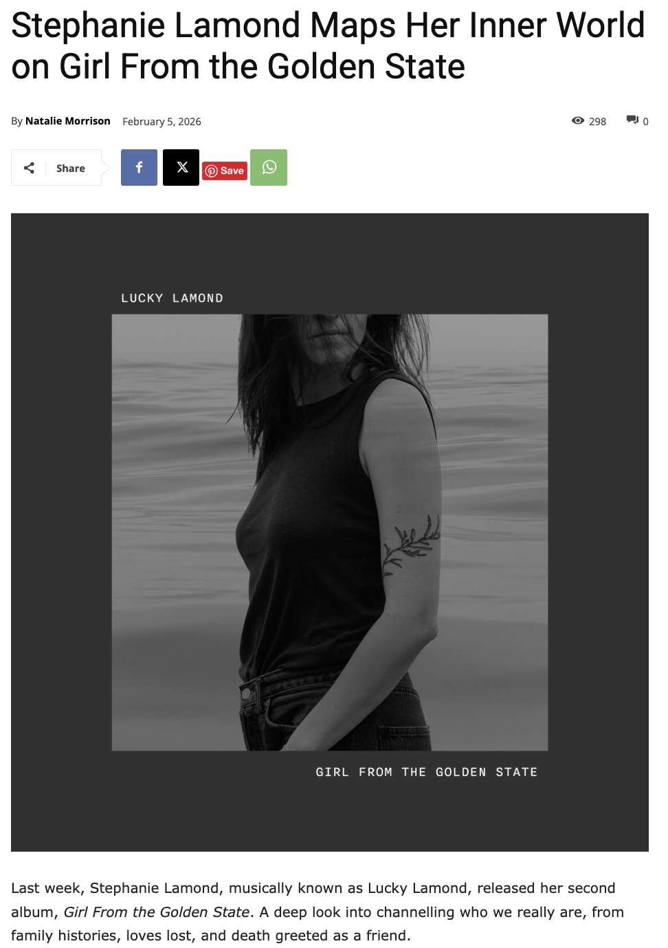 Black and white photograph of a woman with dark hair partially covering her face, wearing a sleeveless top, standing near water with a calm, rippled surface. The image is titled "Lucky Lamond" and includes the text "Girl from the Golden State".