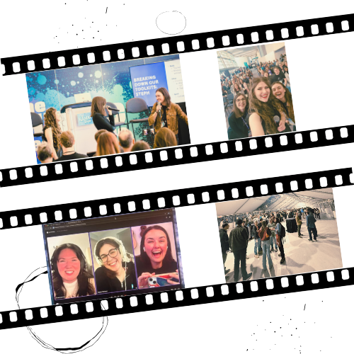 Collage of photos from a conference or event showing speakers on stage, attendees taking selfies, and people walking in an exhibition hall.