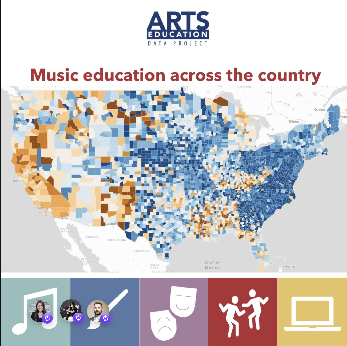 Map of the United States showing regional data on music education for an arts education data project, with counties shaded in various shades of blue, brown, and orange based on data.