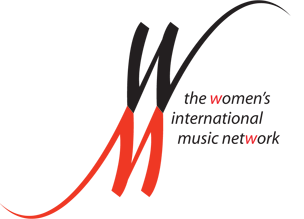Logo of Women's International Music Network featuring stylized red and black musical notes and text