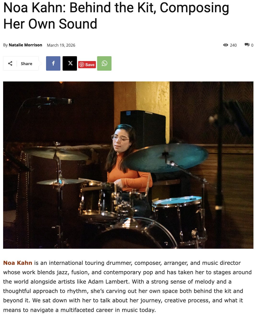 Noa Kahn: Behind the Kit, Composing Her Own Sound