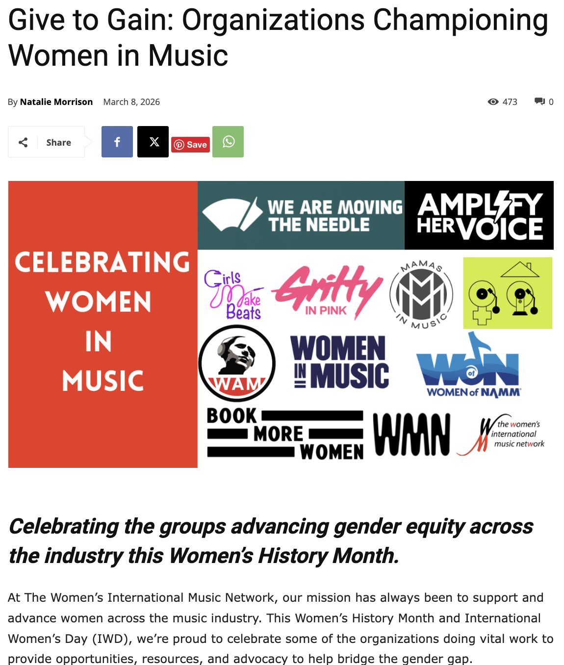 Collage of logos and messages celebrating women in music during Women's History Month, including phrases like 'Celebrating Women in Music' and 'Amplify Her Voice.'