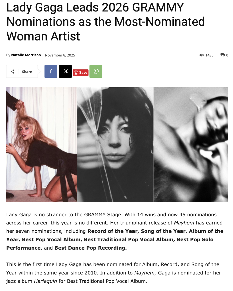 A screenshot of an article showing Lady Gaga's nominations for the 2026 Grammy Awards. The image features three photos of Lady Gaga: one with platinum blonde hair, one with black hair and glasses, and a blurred black-and-white close-up. The article d