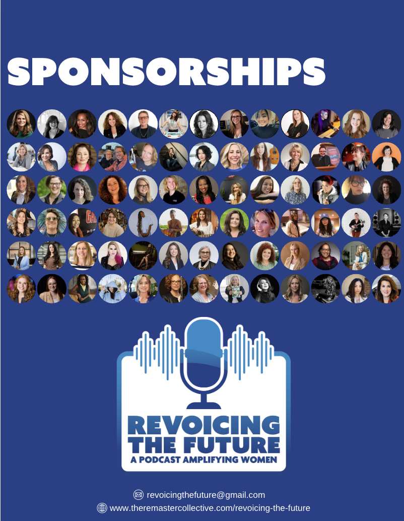 Collage of many women in circles, with the title "Sponsorships" at the top. Below is a podcast logo with a microphone and sound waves, with the text "Revisiting the Future: A Podcast Amplifying Women." Contact email and website are also included.