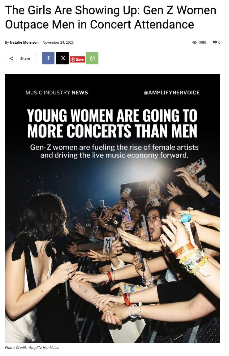 Young female singer performs on stage while young women in the audience reach out and take her hand, holding smartphones to record the moment, at a concert.